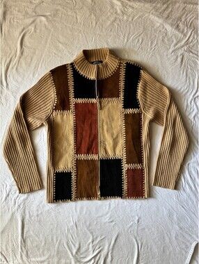 Vtg 90s Y2K Leather Patchwork Zip Up Cardigan Sweater Boho Artsy Grandmacore, M